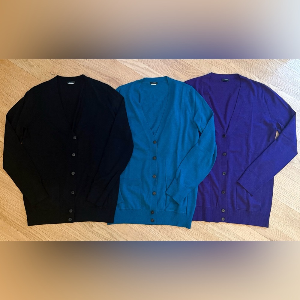 Three J. Crew V-Neck Cardigans - Black, Teal, Purple - sz.Sm (retail $198 each)